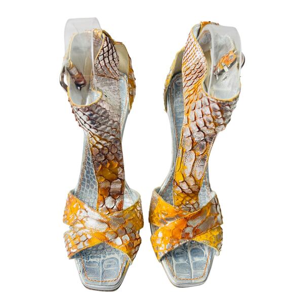 New Massimo Dogana Snake Leather Heel Sandals Size 9.5 US  Silver / Yellow Color - Picture 4 of 16